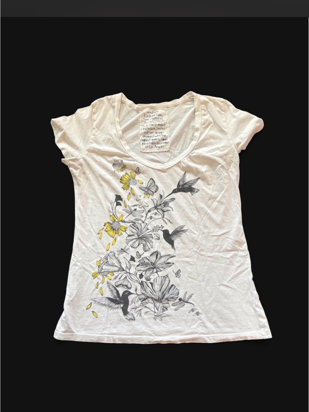 Lauren Moshi White V-Neck Floral & Hummingbird Graphic Tee with Yellow Accents